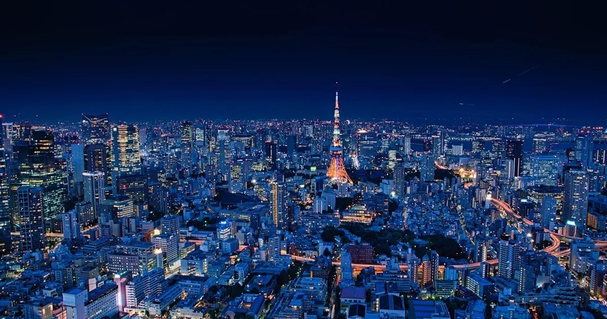 Tokyo skyline at night with neon signs and skyscrapers illuminating the dark sky