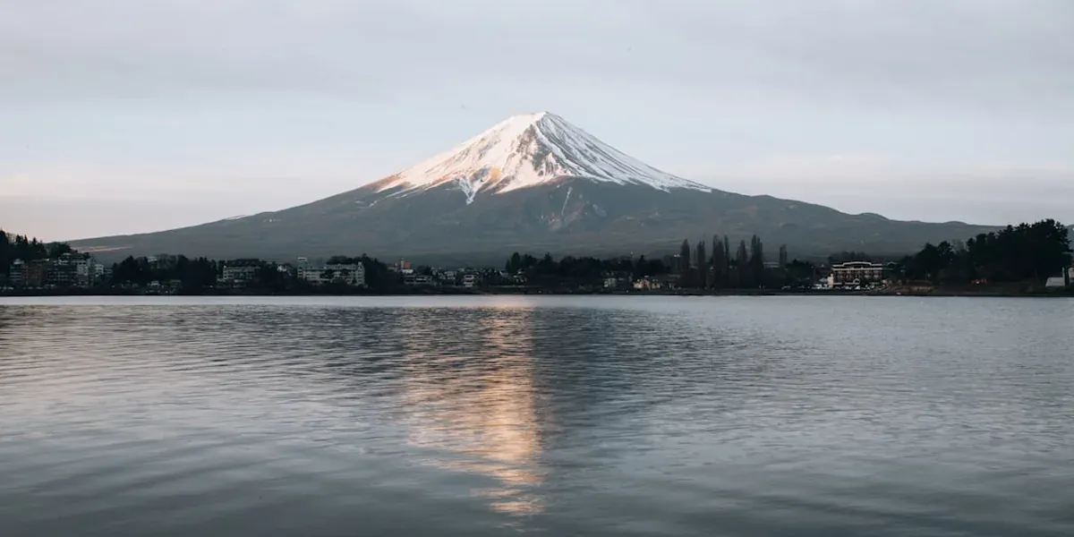 Lake Kawaguchiko with Mount Fuji perfectly reflected in the calm water on a clear morning
