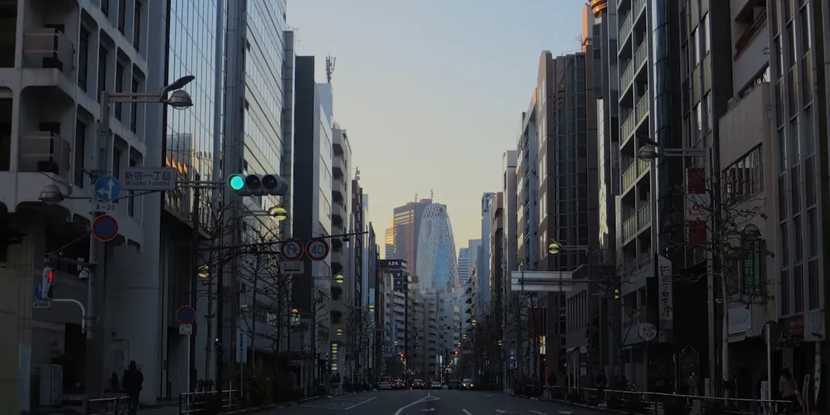 Quiet Tokyo street in winter with clear blue skies and no crowds