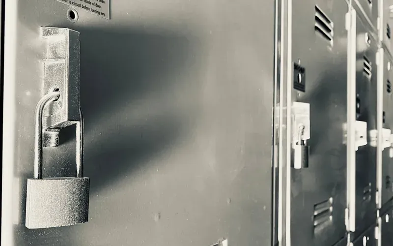 Row of personal storage lockers — the type used at Japanese capsule hotels for bag storage