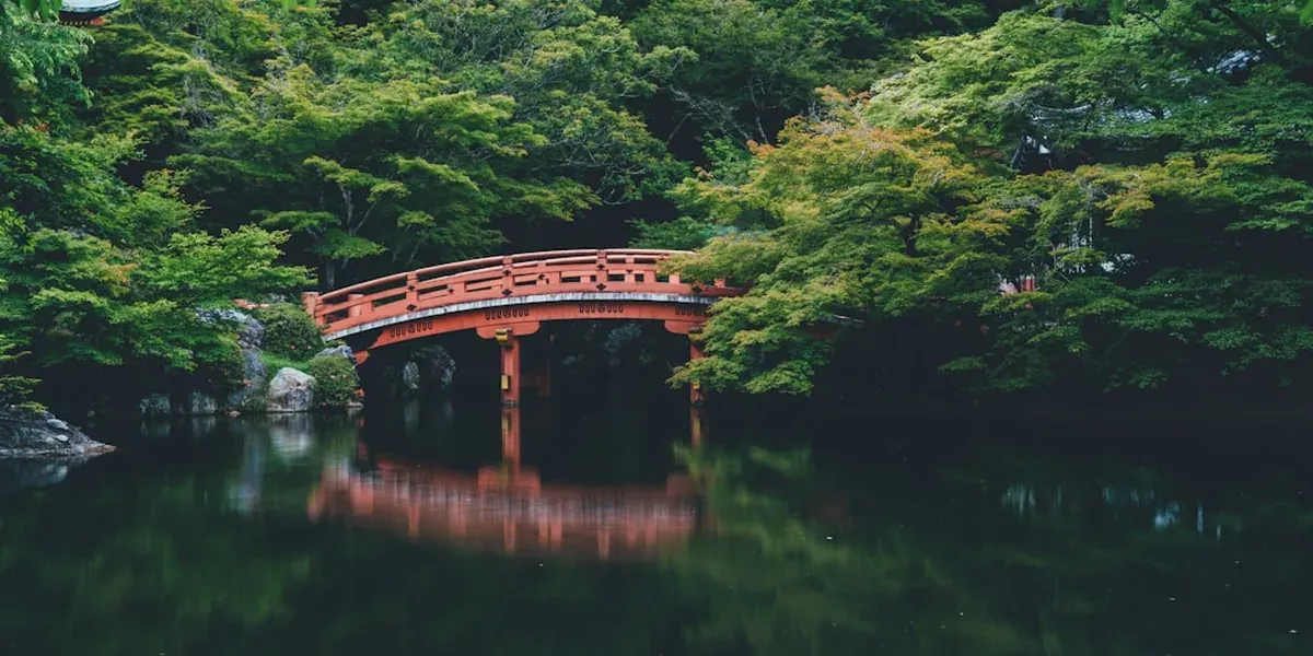 The Tsutenkyo bridge at Tofuku-ji temple in Kyoto surrounded by a sea of red and orange autumn maple leaves