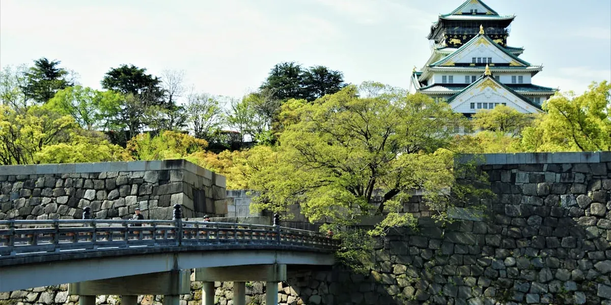 Osaka Castle surrounded by a large park with cherry trees and walking paths