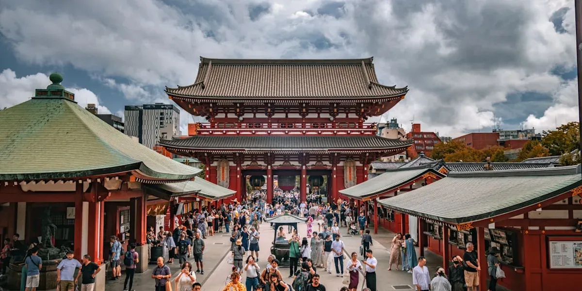 Senso-ji temple in Asakusa with its iconic red lantern and pagoda in the background