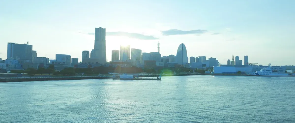 Yokohama waterfront with the Landmark Tower and bay area in the evening
