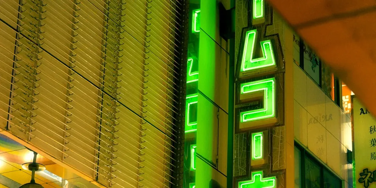 Neon-lit street in Akihabara, Tokyo's electronics and anime district at night