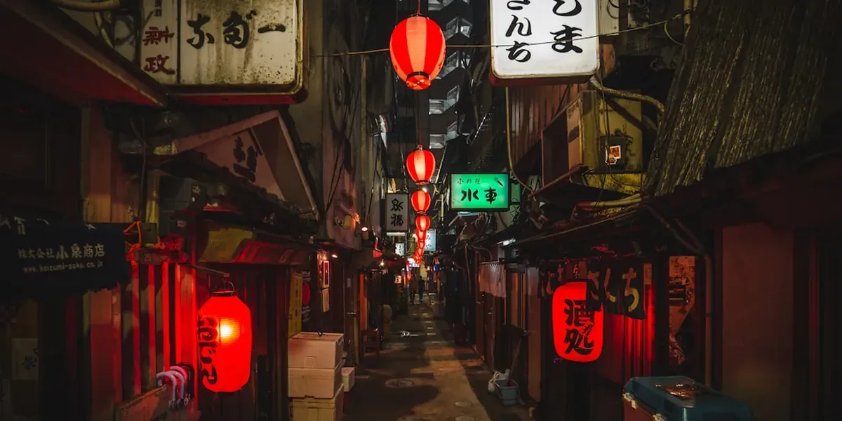 A Japanese street scene at night with neon signs, illustrating Tokyo hotel districts