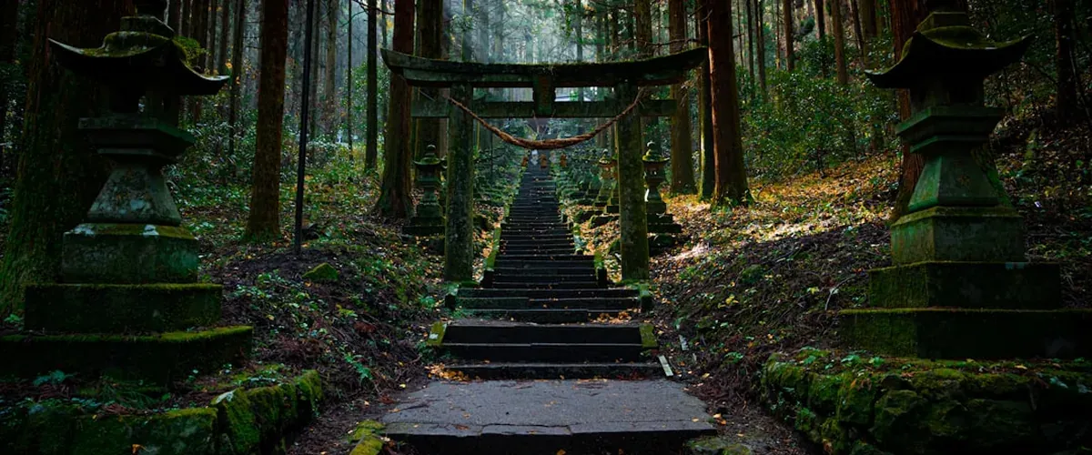 Ancient shrine approach path lined with stone lanterns at evening in Japan